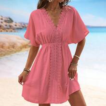 Faux Silk Beach Dress With Lace And Ruffles; Top To Pair With A Bikini - Army Green - View 1