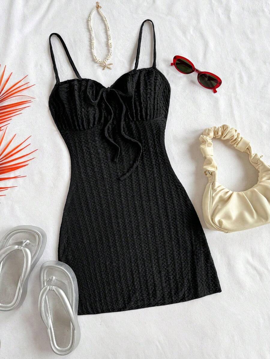 Vestido de tela texturizada con tirantes finos y entallado, para primavera/verano y vacaciones - Negro - Ver 1