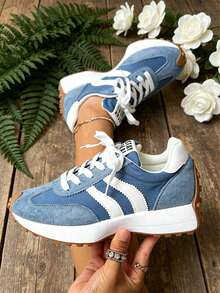 Frenchy Style Women's Retro Sneakers, White & Beige Colorblock Lace-Up Casual Shoes, Versatile Daily Wear Trainers - 藍色 - 查看 2