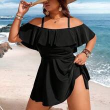 dagjydgfyja Swim Lushoire Parte superior de tankini de vacaciones con volantes en los hombros para mujer de talla grande, de unicolor - Café integral - Ver 5