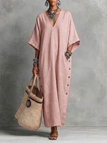 2026 New Linen Loose V-Neck Side Button Vacation Casual Long Dress - Khaki - View 7