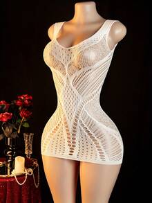 Sexy Lace Mesh Diamond Pattern Spaghetti Strap Lingerie Sheer Jumpsuit, Perfect For Wedding - White - View 8