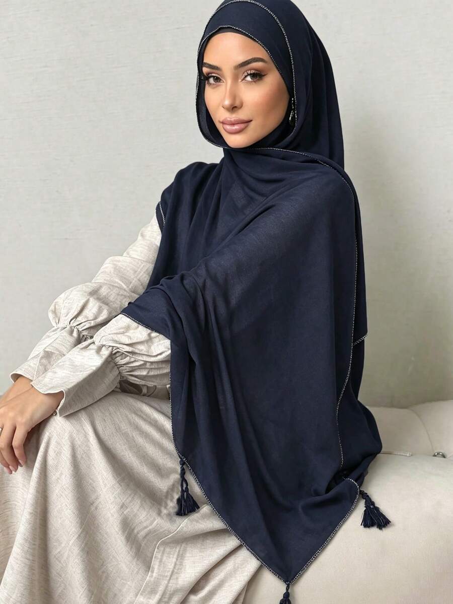 1pc Women's Spring/Summer Breathable Modest Hijab Silver Thread Pendant Tassel Long Scarf Shawl Muslim Hijab Scarf - Multicolor - View 1