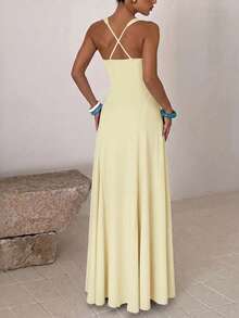 DOUCIU Vintage Solid Color Sheer Mermaid Tail Strap Maxi Dress Elegant Party Birthday Event Outfit - Yellow - View 3