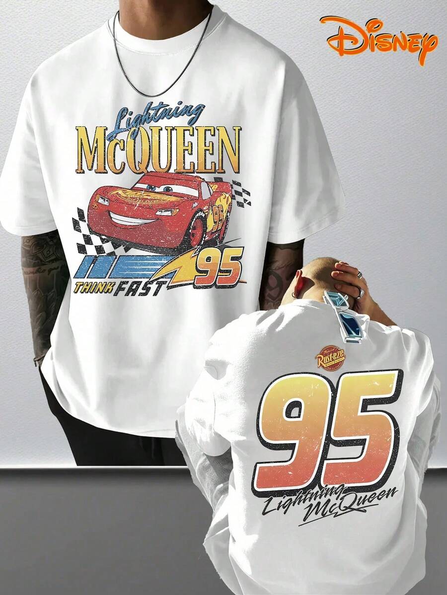Officially Licensed Disney Tee With Lightning McQueen 95 "Think Fast" Graphics. 100% Cotton, Soft & Breathable. Loose, Unisex Fit, Classic Crew Neck. - 白色 - 查看 1