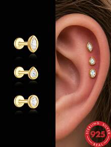 1pc S925 Sterling Silver CZ Zirconia Ear Cartilage Stud Earrings, Flat Back Screw Back, Marquise/Pear/Round Cut, Hypoallergenic, Suitable For Helix, Tragus, Conch, Women's Daily And Party Wear - Gold - View 2