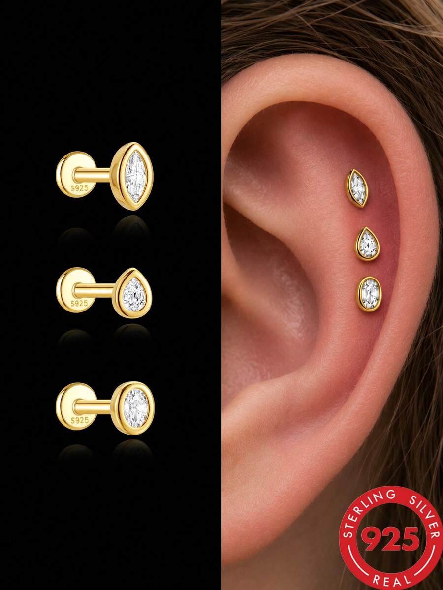 1pc S925 Sterling Silver CZ Zirconia Ear Cartilage Stud Earrings, Flat Back Screw Back, Marquise/Pear/Round Cut, Hypoallergenic, Suitable For Helix, Tragus, Conch, Women's Daily And Party Wear