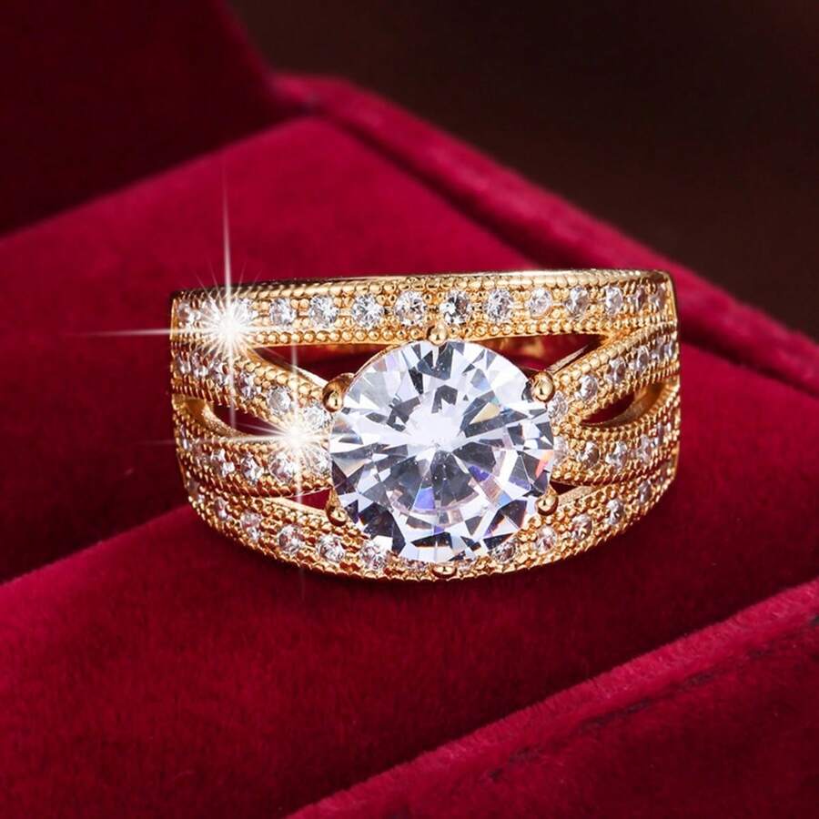 1pc Geometric Intersecting Circle Design Artificial Zirconia Stone Women Ring - Multicolor - View 1