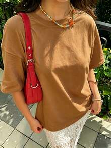 100%棉 男女同款棕色T卹，plus size，春夏 四季 新款 運動上衣，休閒 時尚 柔軟 透氣 中性短袖上衣 - 棕色 - 查看 3
