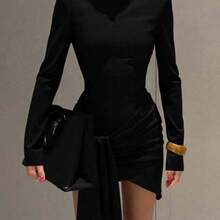 guang zhou mi qian shang mao 1 pieza Vestido midi de cuello alto con volantes de tela de punto de unicolor elegante, para fiesta, cumpleaños, cena formal, cita nocturna, graduación, boda - Negro01 - Ver 1