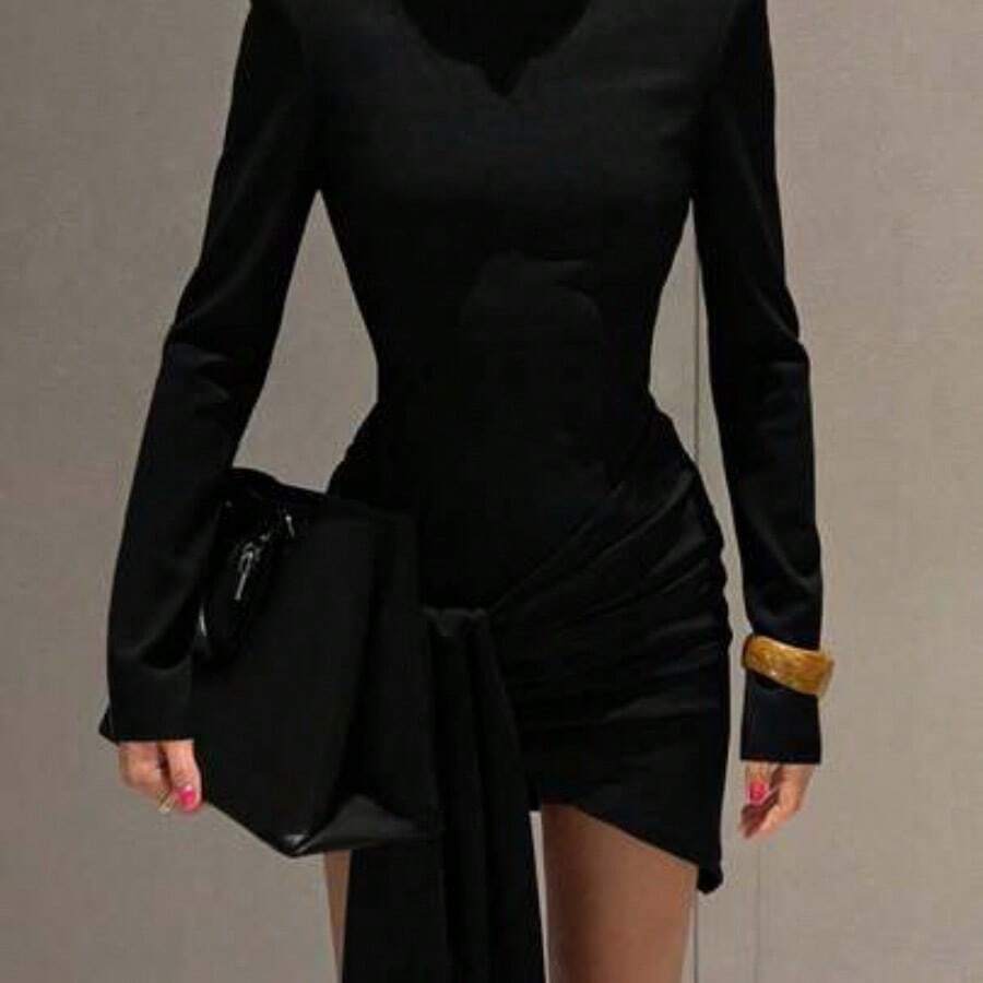 guang zhou mi qian shang mao 1 pieza Vestido midi de cuello alto con volantes de tela de punto de unicolor elegante, para fiesta, cumpleaños, cena formal, cita nocturna, graduación, boda - Negro01 - Ver 1