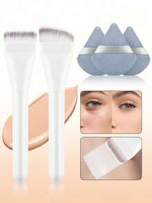 ronshadow 2 piezas Brocha de base sin costuras de cabeza plana + 3 piezas Juego de esponjas de maquillaje triangulares, incluye brocha de base angular, herramienta de maquillaje de aplicación rápida no absorbente apta para principiantes - Multicolor - Ver 6