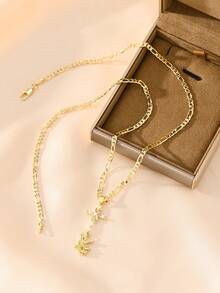 1pc Catholic Vintage Double Pendant Necklace, Unisex Design. Featuring A Sparkling Zirconia-Inlaid Cross And Infinity Symbol Combination, Symbolizing Eternal Faith, Paired With St. Michael Archangel Pendant. Equipped With A 50cm Classic Figaro Chain, Comfortable And Versatile. Symbolizing Protection And Devotion, Ideal Gift For First Communion And Catholic Baptism. - Yellow Gold - View 9