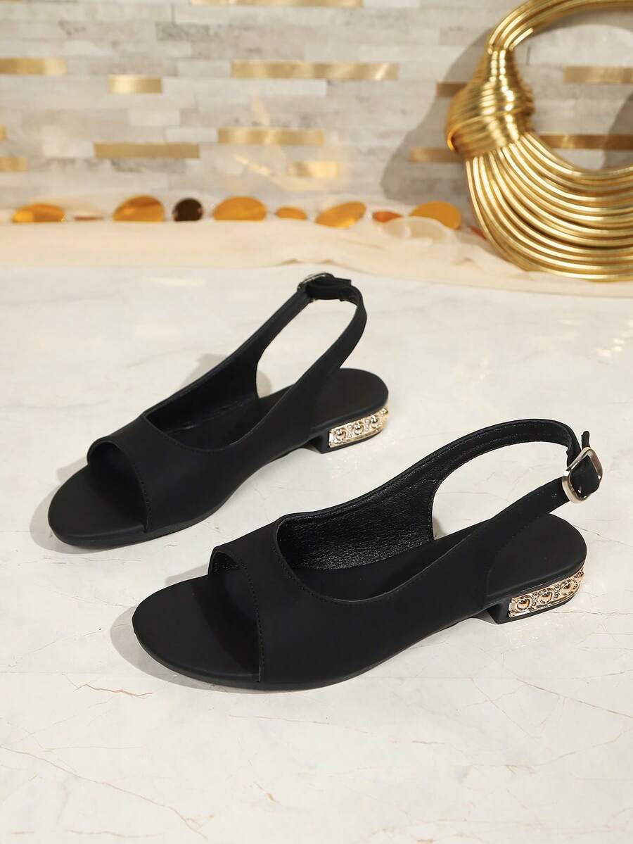 Women's Summer Comfortable Elegant Versatile Peep Toe Sandals With Rhinestones, Low Heel Soft Leather, Backless Buckle Design, Commuter-Friendly Non-Tiring Flat Shoes