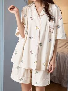 Gongdie 2er/Set Damen Pyjama Set, Sommer weich atmungsaktiv Baumwolle Sternenmuster Pinguin Muster Loungewear - Weiss - Übersicht 5