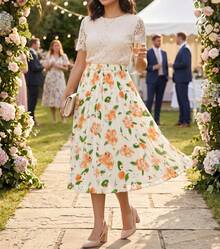Pleated Skirts For Women,High Elastic Waisted Midi Length A-Line Swing Flowy Business Casual Chiffon Womens Skirt,Local Delivery - 花橙 - 查看 1