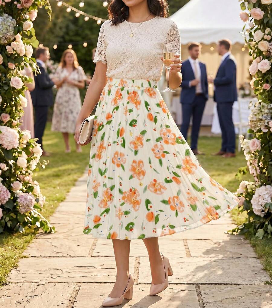 Pleated Skirts For Women,High Elastic Waisted Midi Length A-Line Swing Flowy Business Casual Chiffon Womens Skirt,Local Delivery - 花橙 - 查看 1