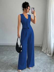 Conjunto de chaleco sin mangas y pantalones - azul real - Ver 1
