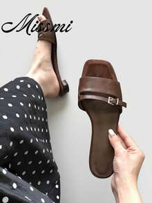 Giày sandal đế dày mũi vuông kiểu Pháp cổ điển, mẫu mới về, dép quai ngang gót trung bình cho nữ. - màu nâu - Xem 4
