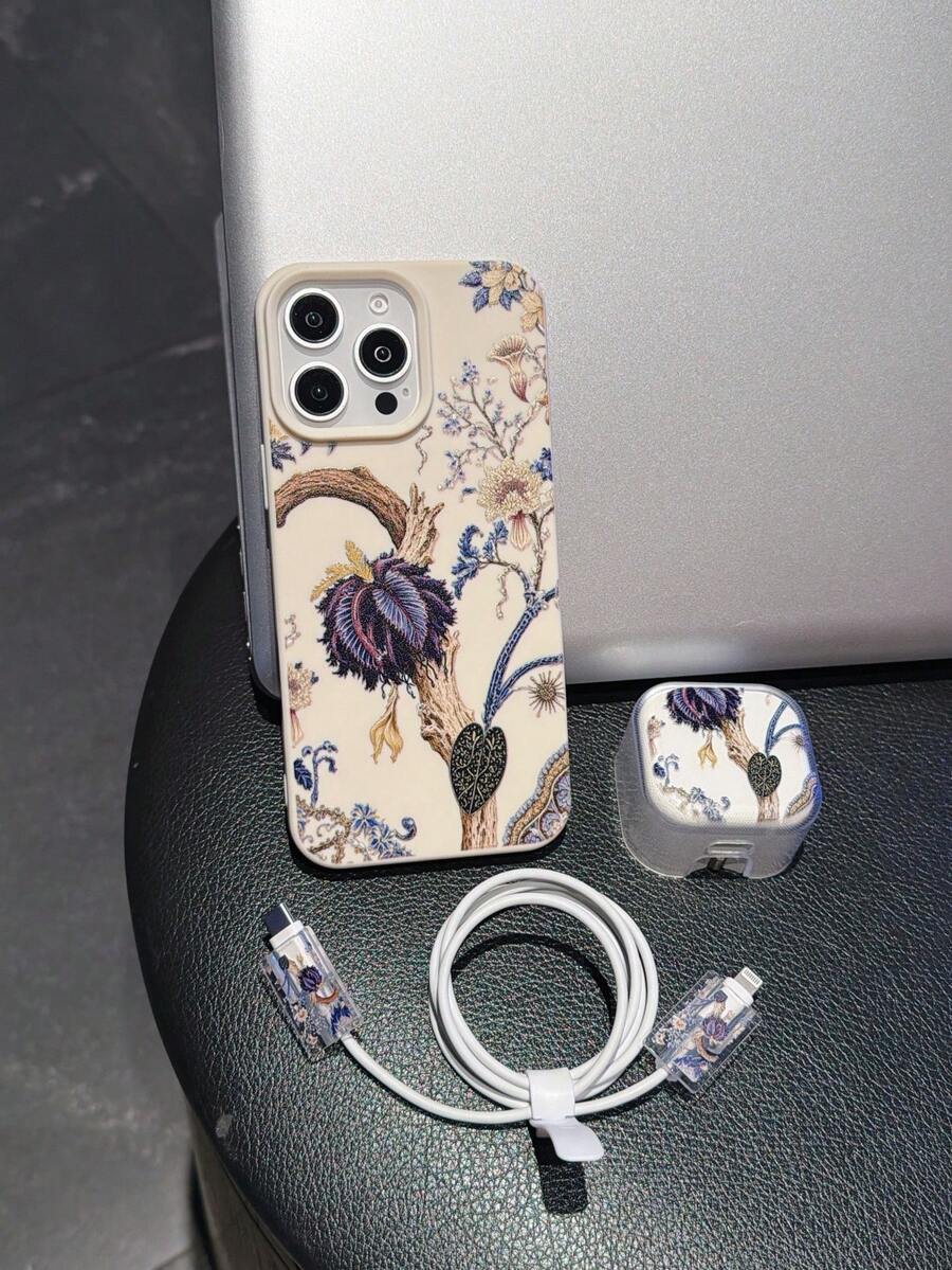 5件組 (1個手機殼 + 1個英國標準Apple充電器保護套 + 2個線材保護套 + 1個白色矽膠掛繩) UV印刷藍色花卉圖案 適用於英國標準充電器 16/16pro/16promax/16plus/11/11promax/12/12pro/12promax/13/13pro/13promax/14/14pro/14plus/14promax/15/15pro/15plus/15promax/17/17PRO/17PROMAX 手機 - 彩色 - 查看 1