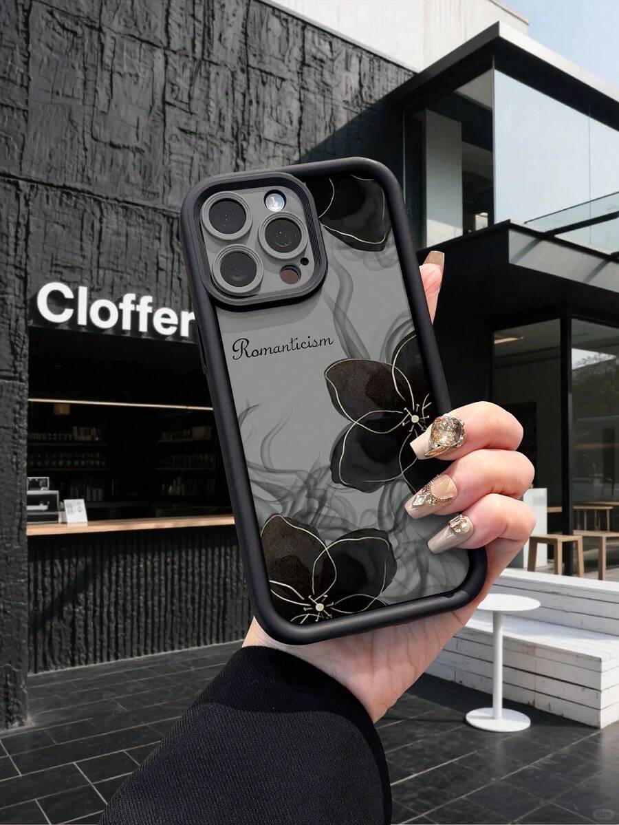 1件極簡時尚黑色茶花煙霧圖案黑眼階梯精準孔防摔手機殼，適用於Apple/////// - 黑色 - 查看 1
