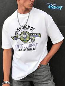 Officially Licensed By Disney With Toy Story Buzz Lightyear "No Sign Of Intelligent Life" Printed Graphics. 100% Cotton Loose Casual Tee, Soft, Breathable And Comfortable Fabric. Unisex Crew Neck Short Sleeve T-Shirt. - 白色 - 查看 1
