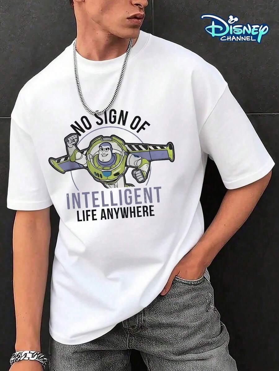 Officially Licensed By Disney With Toy Story Buzz Lightyear "No Sign Of Intelligent Life" Printed Graphics. 100% Cotton Loose Casual Tee, Soft, Breathable And Comfortable Fabric. Unisex Crew Neck Short Sleeve T-Shirt. - 白色 - 查看 1