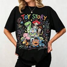 Disney Women's T-Shirt Scribble Style Toy Story Full Character" Cartoon Printed Oversized T‑Shirt, Short Sleeve... | Disney 100% Cotton T-Shirt - 黑色 - 查看 1