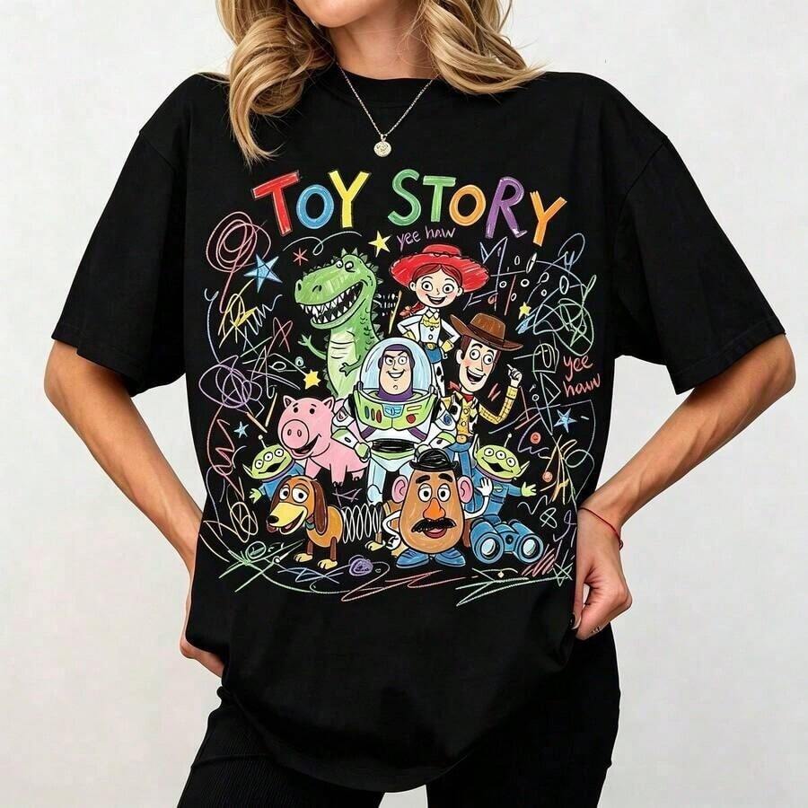 Disney Women's T-Shirt Scribble Style Toy Story Full Character" Cartoon Printed Oversized T‑Shirt, Short Sleeve... | Disney 100% Cotton T-Shirt - 黑色 - 查看 1