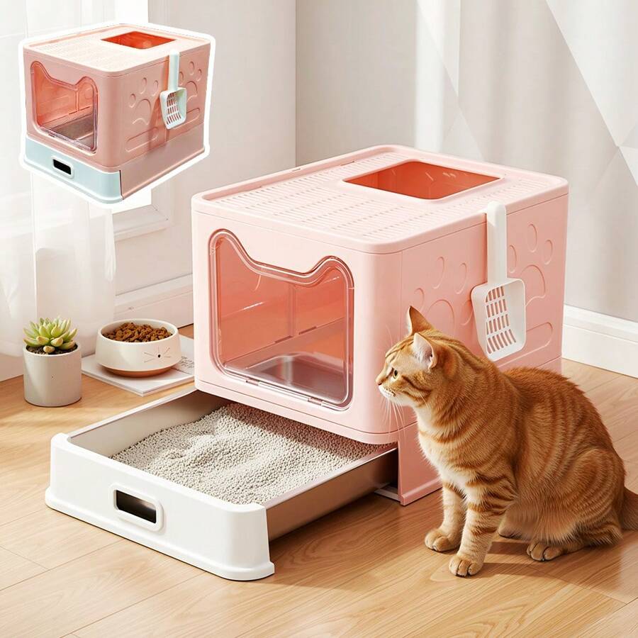 Foldable Enclosed Cat Litter Box With Lid, Top Entry & Front Door Kitty Toilet, Drawer Type With Easy Clean Tray, Anti-Splashing Cat Litter Box With Scoop For Indoor Cats - one-size - View 1