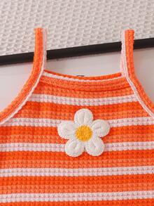Baby Girls' Summer Sweet Set, Orange & White Striped Waffle Romper + Ruffle Hem Shorts 2pcs, Soft & Cute Loose Comfortable, Suitable For Daily Outings, Vacation, Summer Outdoor Play, Photography, Party - Orange - View 3