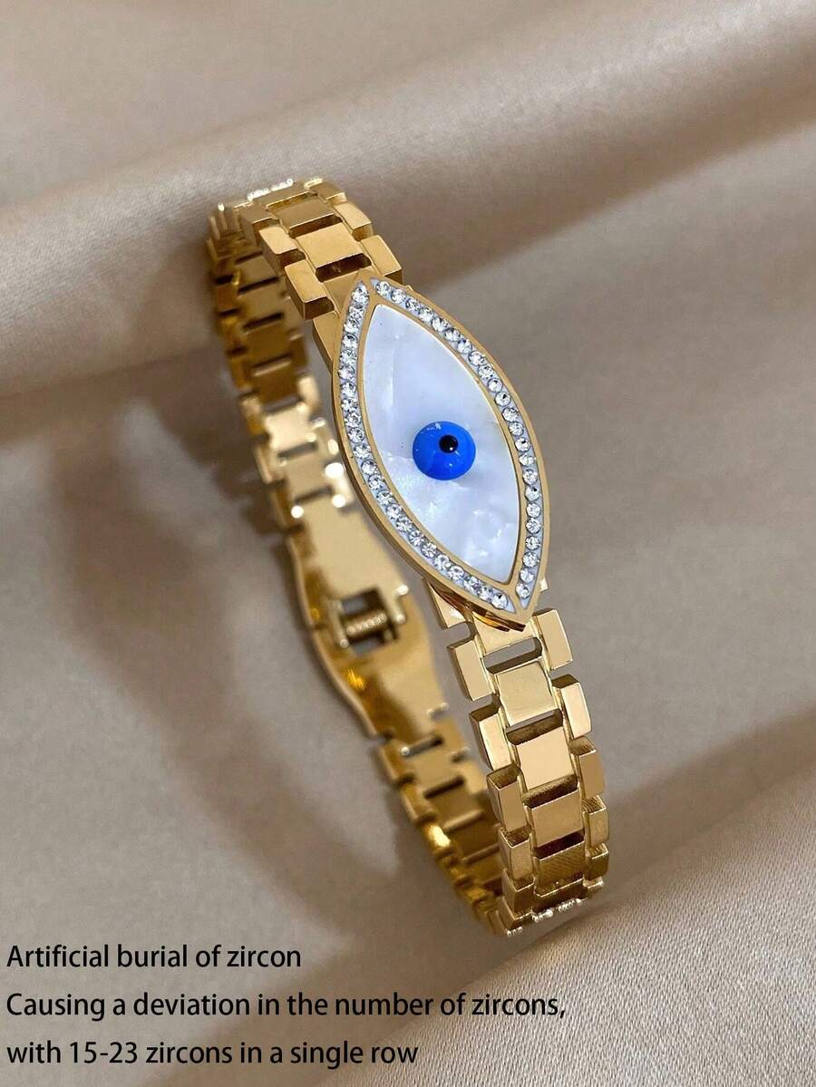 1 Stück Edelstahl Armband in Augenform für Frauen, modisches Augen-Armband mit künstlichem Zirkonia Manschetten-Armband Schmuck - Gold - Übersicht 1