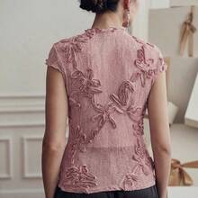 Blusa elegante de mujer con cuello de pico de encaje floral rosa y mangas cortas transparentes - Rosa vieja - Ver 3