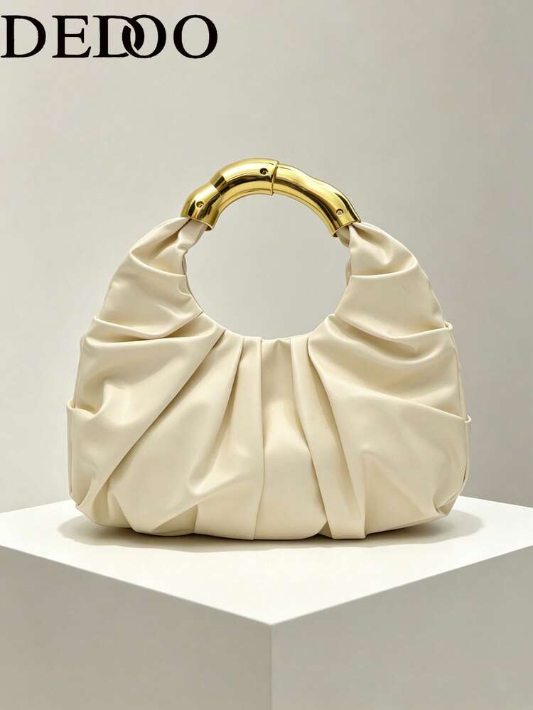 Dedoo New Fashionable Versatile Heavy-Duty Metal Hardware Pleated Large Capacity Cloud Tote Bag - Beige - View 9