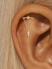 EleRunis 1pc 925 Sterling Silver Star & Moon Tassel Flat Back Cartilage Conch Spiral Piercing Earring, Punk Tattoo Medieval Style, Delicate Jewelry For Daily Wear And Wedding - Gold - View 19