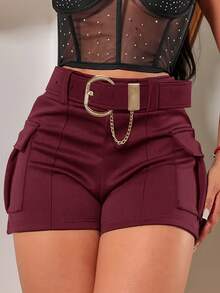 Shorts ajustados estilo retro con cinturón, color sólido y bolsillos decorativos - Negro - Ver 6