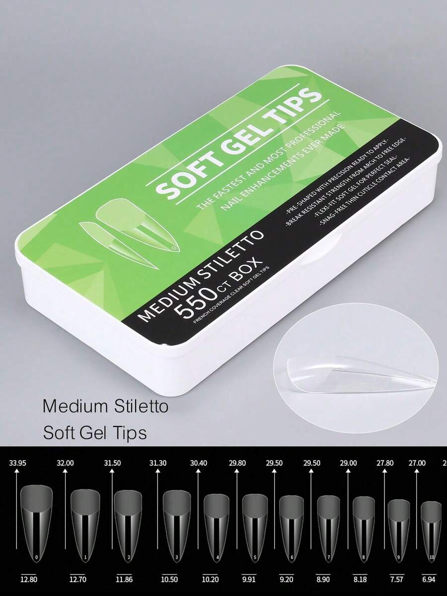 pinpai 1 Box 550pcs Medium Pointed False Nails - 550pcs Soft Gel Nail Tips, 11 Sizes, Pre-Filed, Adhesive Back, Full Coverage Acrylic Nail Tips, With Storage Box, Professional Nail Extension Tool, Nail Art Supplies - Clear - View 1