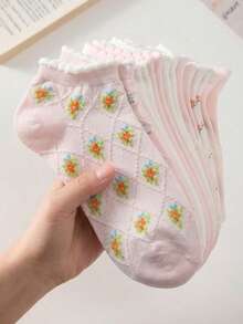 5 Pairs Women's Elegant Floral Print Short Socks, Non-Slip, Suitable For Spring And Autumn, Fun Socks - Multicolor - View 6