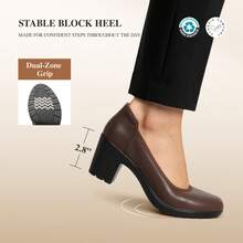 Women's Chunky Round Toe Low Block Heels Work Pumps Elegant Comfortable Solid Color Slip On Wedding Office Gift Festival Shoes - Brown - View 8