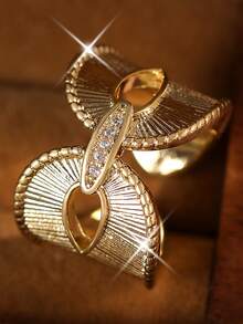 1 pieza Anillo de compromiso de lujo con forma de arco simétrico de circonita cúbica, anillo estilo corte retro con apertura para mujeres, regalo & uso diario, uso en fiestas y banquetes - Amarillo Oro - Ver 1