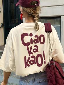 女款 "Ciao Ka Kao!" 圖案寬鬆短袖T恤，休閒圓領設計，街頭風，適合夏季日常穿著 - 杏色 - 查看 2