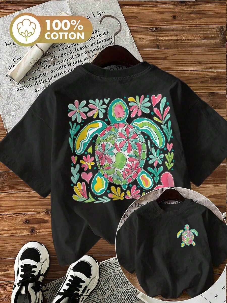Women's T-Shirt With Floral Sea Turtle And Heart Print On Both Sides - Loose Short Sleeve And Crew Neck Top, Breathable, Bohemian Beach And Everyday Style, Machine Washable, Casual Wear For Tropical Vacation And Daily Outfits - Oversized T-Shirt For Women With A Beautiful Turtle Print - Black - View 1