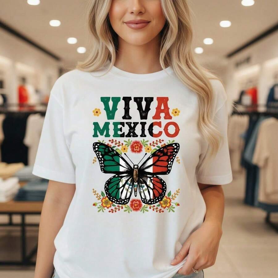 Stylish Everyday Outfits: Women's Viva Mexico Butterfly Print Cotton T-Shirt, Short Sleeve, Crew Neck, Casual Style, National Flag Inspired Design, Loose Fit, Basic Summer T-Shirt, Available In Various Sizes. Loose Fit Summer Clothing For Women. - 白色 - 查看 1