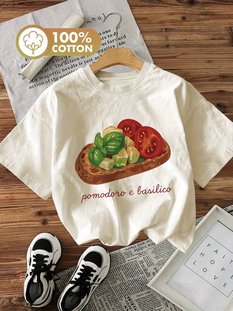 Minimalist. 100% Cotton. Graphic Print T-Shirt, Short Sleeve, Crew Neck, Casual Top For Summer And Spring, Women's Clothing. Spring/Summer Top. - 白色 - 查看 1