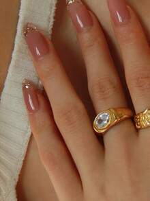 1pc Minimalist Gold-Tone Synthetic Cubic Zirconia Ring, Oval Cut, Wide Band, Stackable, Suitable For Women's Daily Wear, Without Packaging Box - A - View 5