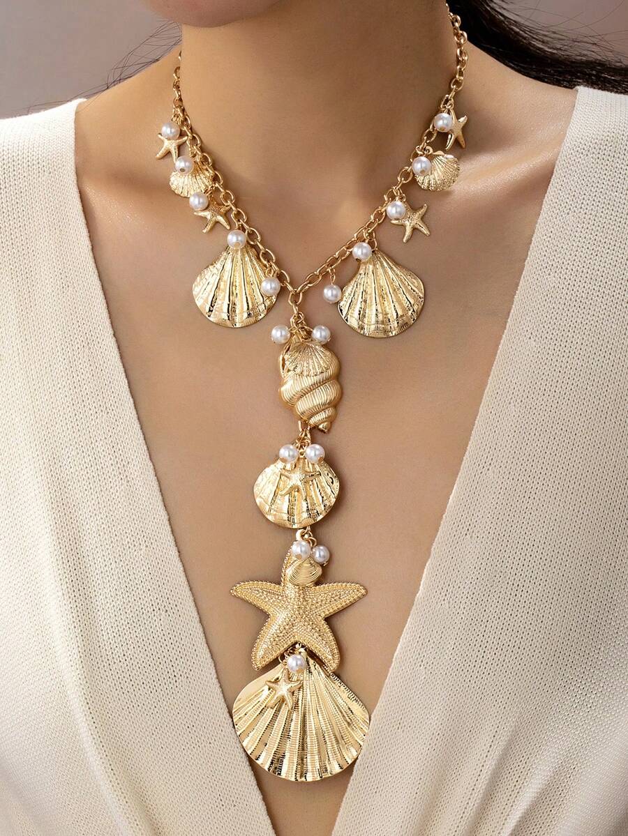 1 pieza Collar con colgante de estrella de mar y concha de perla con estilo oceánico, adecuado para uso diario y vacaciones de verano de mujeres - Amarillo Oro - Ver 1
