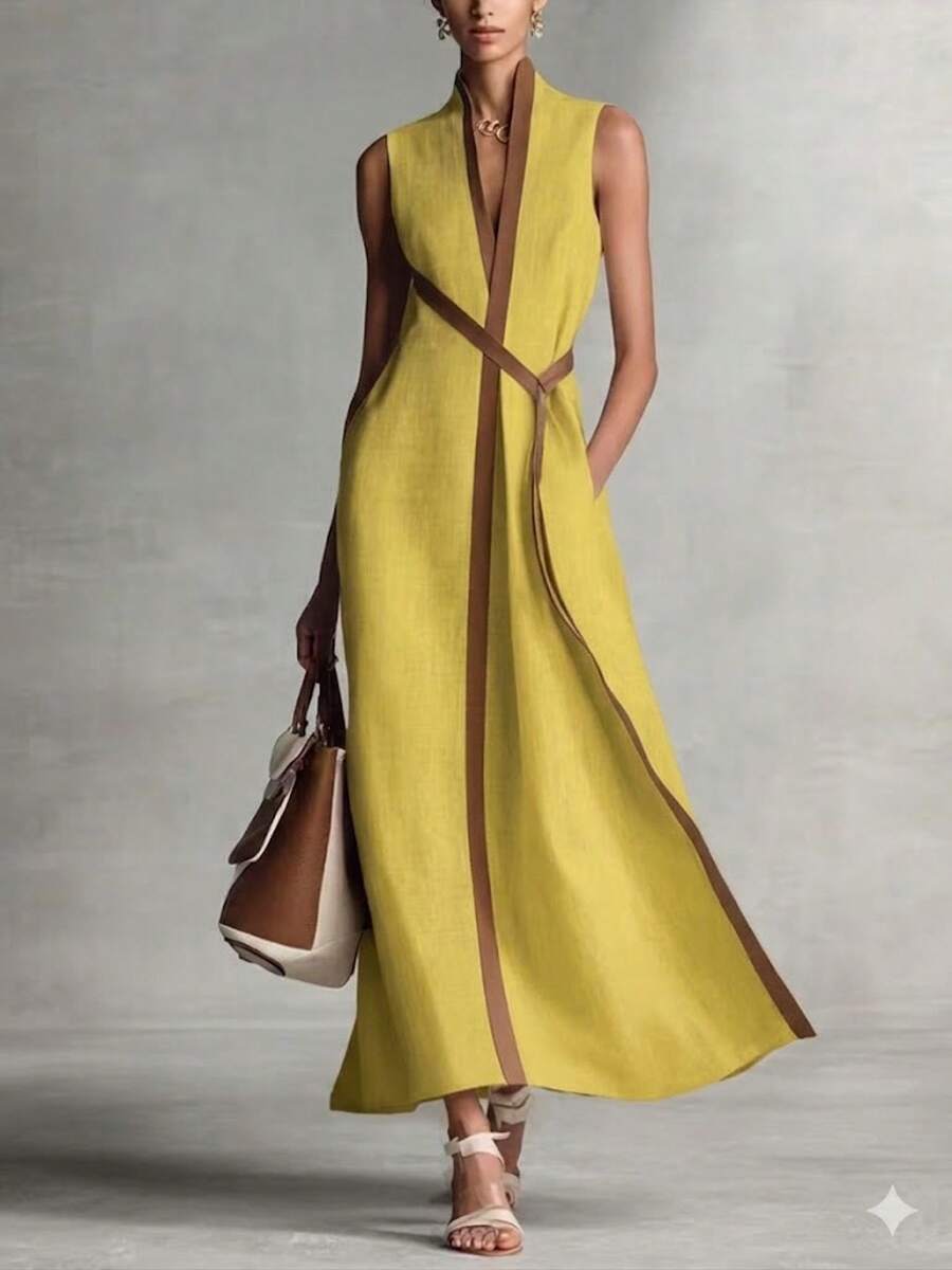 Elegant Navy Linen Maxi Dress Stand Collar Sleeveless V-Neck With Brown Trim Wrap Waist Flowy A-Line Dress Minimalist Chic Style For Work & Formal Eve - 黃色 - 查看 1