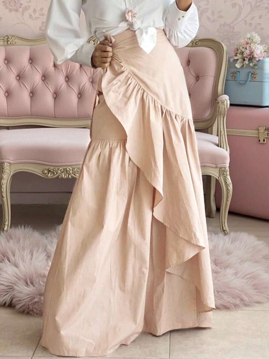 女款新式裙子，春夏新式夏季裙子，都市專業通勤純色香檳色粉色喇叭裙 - 粉色 - 查看 1
