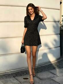 Ditsy Floral Lapel Cinched Waist Short Sleeve Dress, Beach Vacation Elegant Summer - Multicolor - View 3