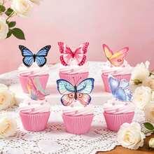 35pcs/24pcs/1pc Purple Butterfly Happy Birthday Cake Cupcake Topper With Ribbon Set, Girls Birthday Party Cake Decoration - Multicolor - View 5